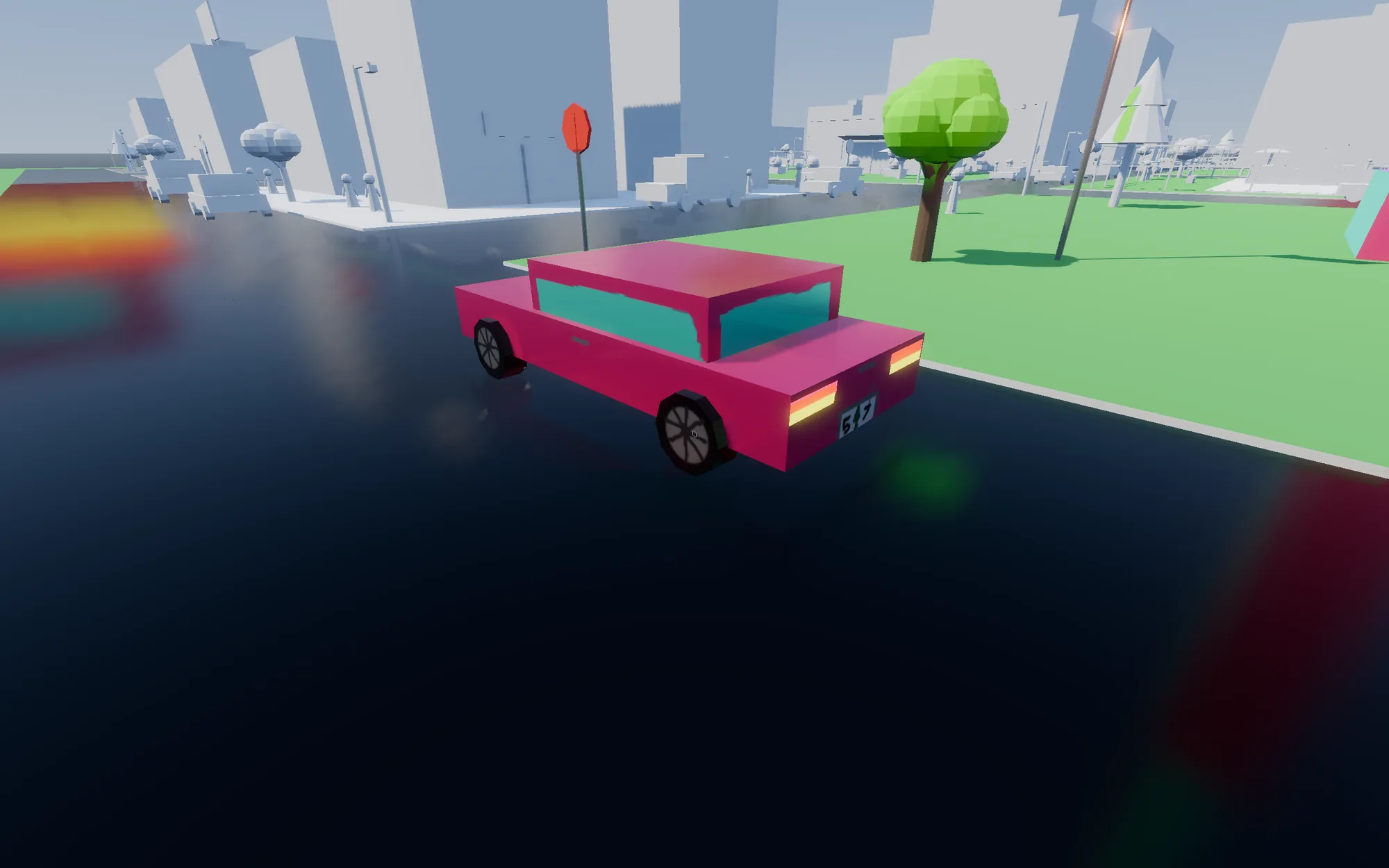 A white city street with a single bright pink car