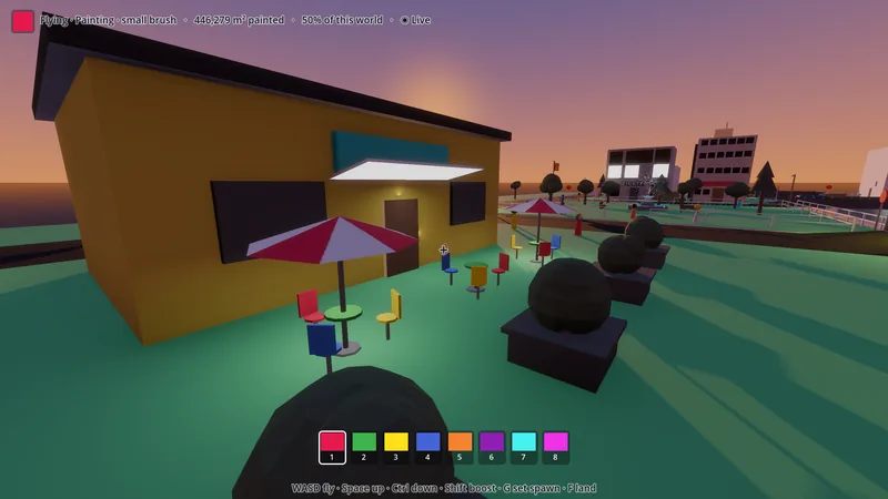 A cafe patio furnished in six colors